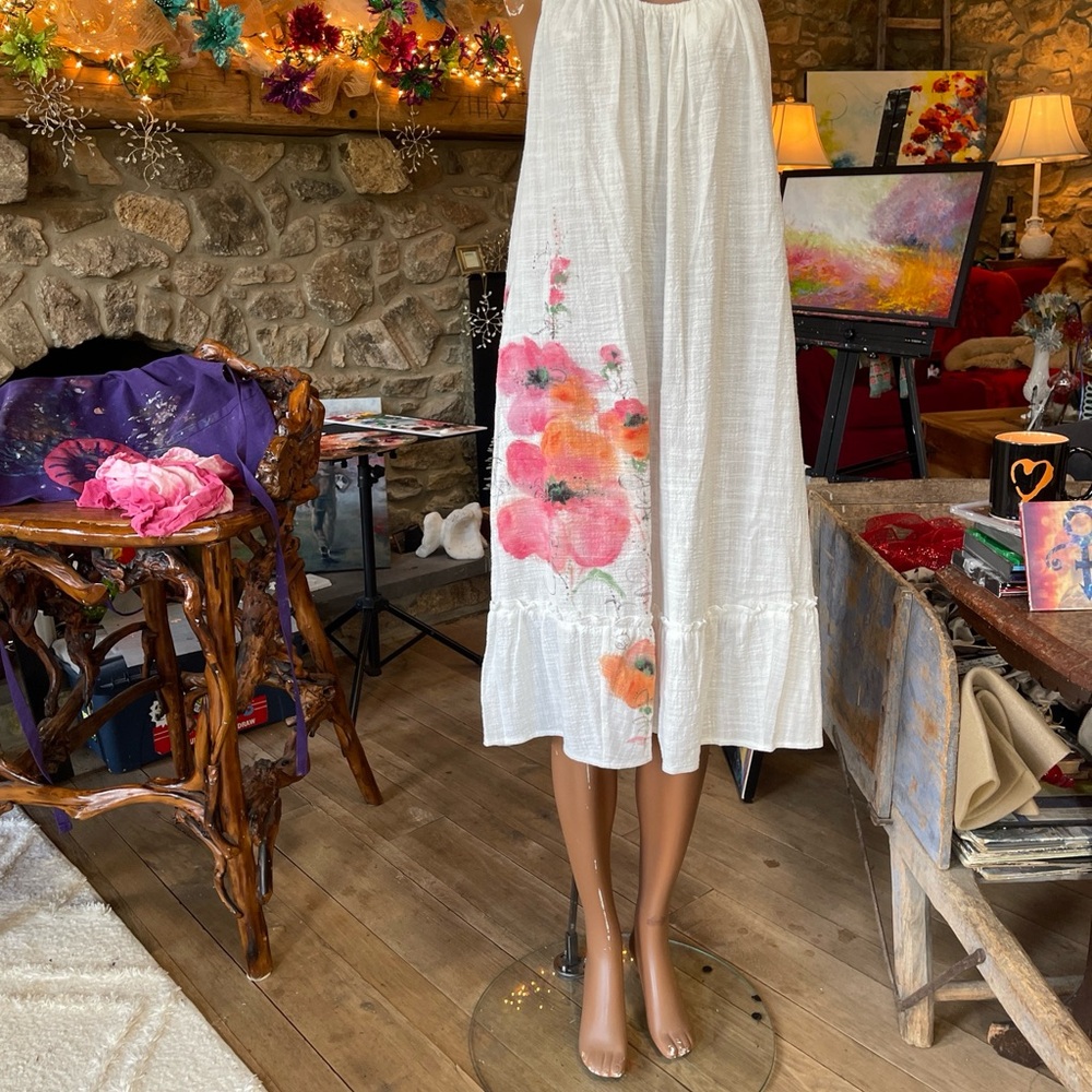 Sundress size one X swim cover-up, white linen blend floral custom painted 00AK